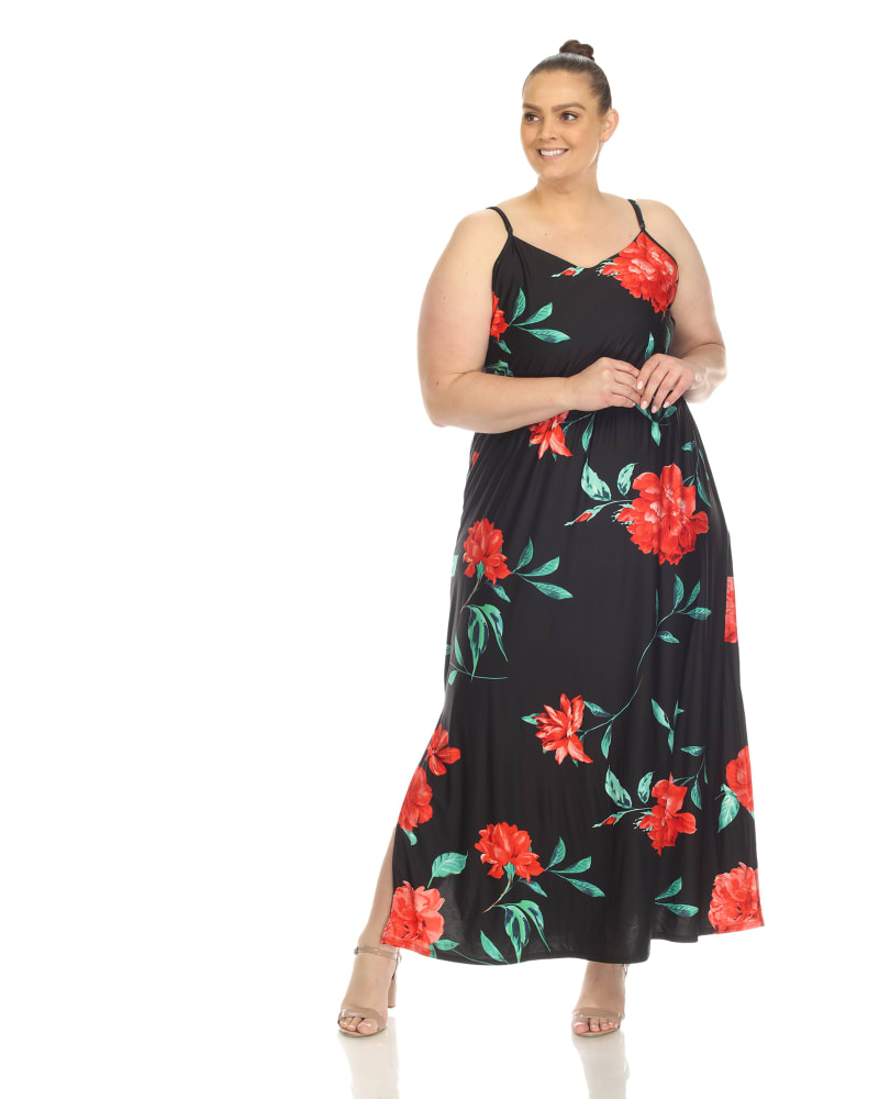 Front of a model wearing a size 2X Floral Strap Maxi Dress in Black Red by White Mark. | dia_product_style_image_id:291109